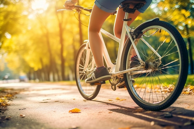 Foto una giovane donna fa un giro in bicicletta in un giorno d'autunno rilassando l'esercizio aerobico