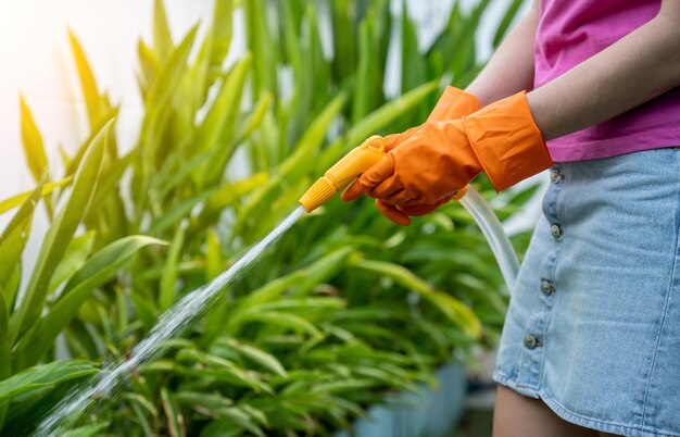 어린 여자 는 정원 을 돌보며 물 을 뿌리고 비료 를 뿌리고 식물 을 잘라낸다