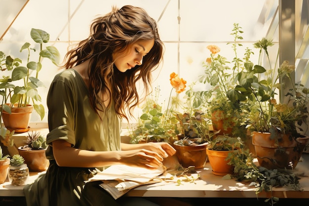 若い女性は温室で植物の世話をする 農場での作業 農業プランテーション ガーデニング
