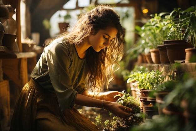 若い女性は温室で植物の世話をする 農場での作業 農業プランテーション ガーデニング