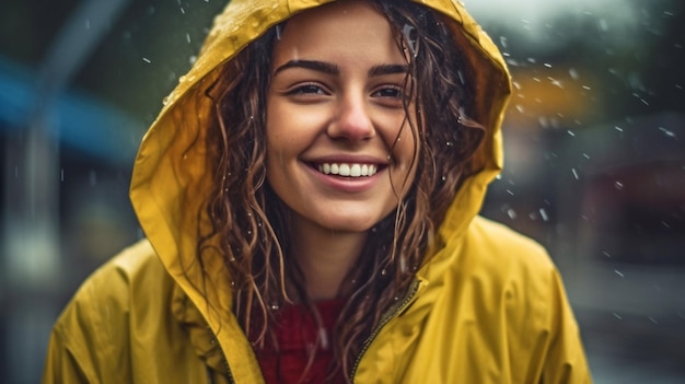 비오는 날을 활용하는 젊은 여성 제너레이티브 AI