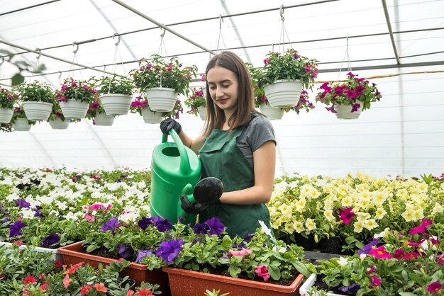 Young woman taking care of flowers