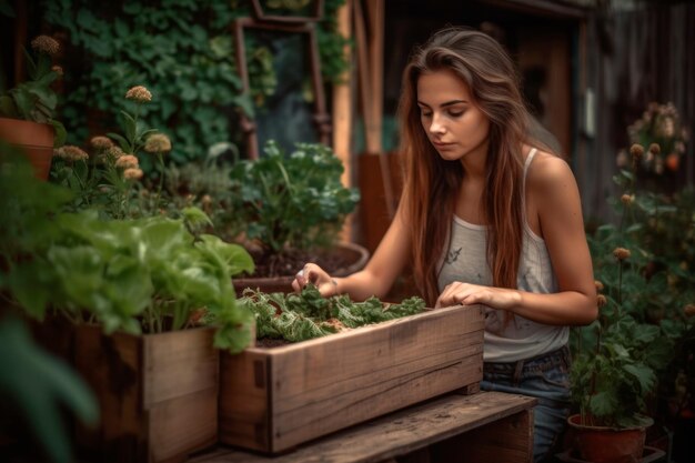 Young woman taking care of her urban ecological garden Generative AI