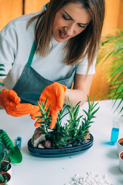 Молодая женщина заботится о домашних растений