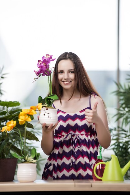 Young woman taking care of home plants