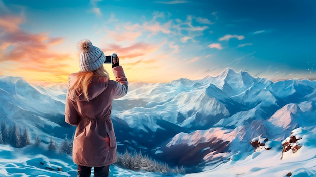 Young woman taking photo of beautiful snowy mountains at sunset Winter vacation concept