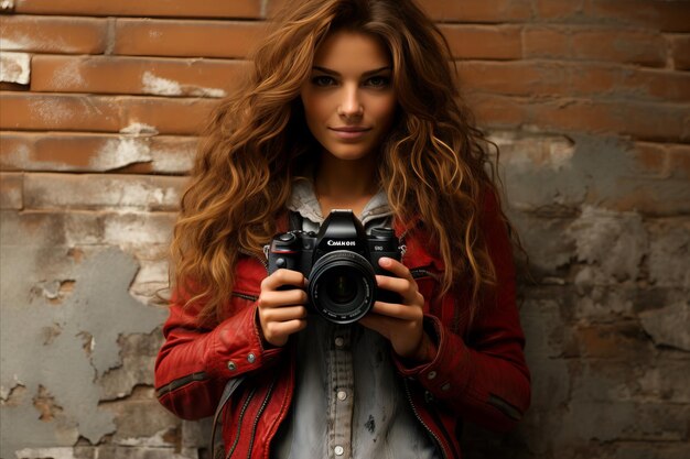 Young woman taking pictures with camera in front of beautifully textured brick wall