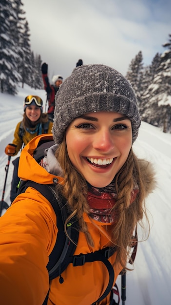 Young woman taking selfie in the snowy mountain Generative AI