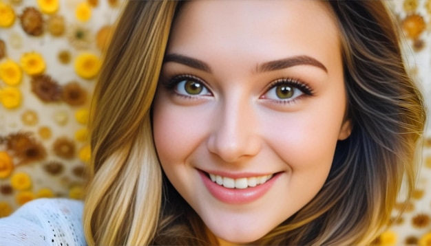 顔に大きな笑顔でセルフィーを撮っている若い女性彼女の目は鮮やかな黄色い色です