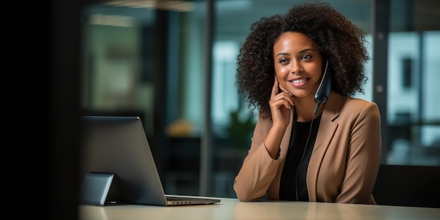 Young woman talking on the phone at her desk in the office