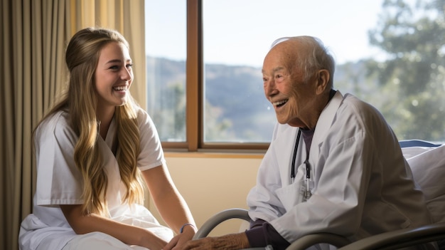 Photo young woman talking with an elderly man in a hospital room