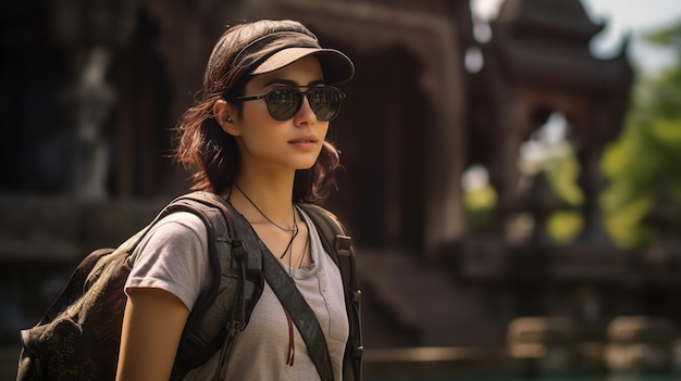 Photo young woman at taman tirtagangga water palace to enjoy her weekend generative ai