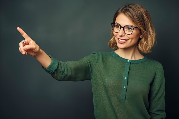 Young woman teacher wearing glasses standing near blackboard in classroom explaining lesson pointing