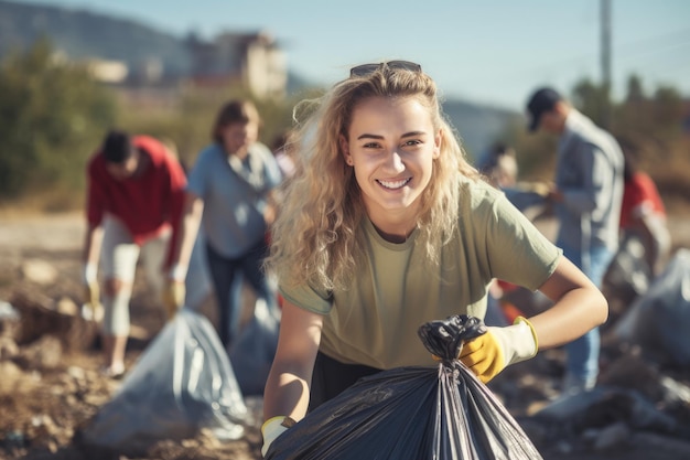 Молодая женщина и команда волонтеров наслаждаются проектом по уборке мусора и разделению мусора на открытом воздухе, концепция Всемирного дня окружающей среды