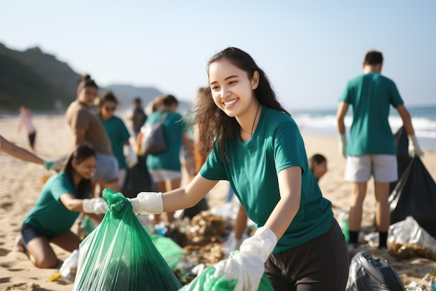 若い女性とボランティア労働者のチームは、屋外の世界環境デーのコンセプトでゴミの清掃と廃棄物分別ゴミのプロジェクトを楽しむ