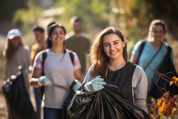 Photo young woman and team of volunteer worker enjoy with project cleaning up garbage and waste separation garbage at outdoor world environment day concept