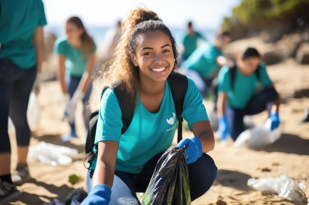 Young woman and team of volunteer worker enjoy with project cleaning up garbage and waste separation garbage at outdoor World Environment Day concept