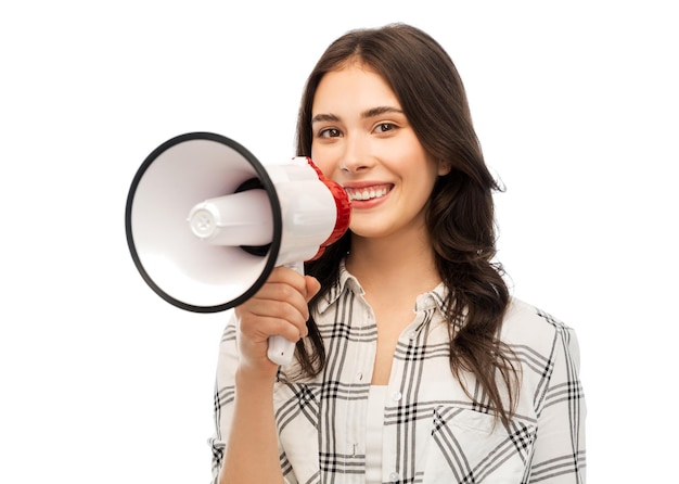 young woman or teenage girl with megaphone