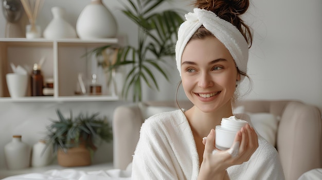 Young woman testing body cream at home in white room