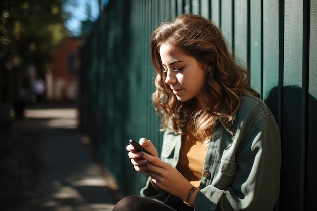 外で携帯電話でメッセージを送っている若い女性