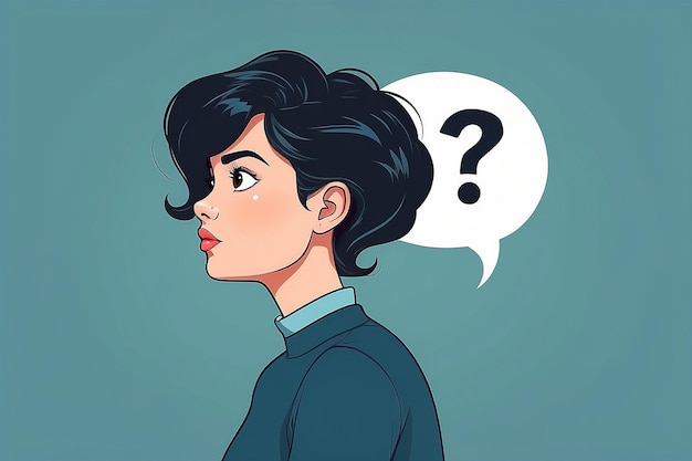 Photo young woman thinking and looking up to thought bubble in question mark symbol