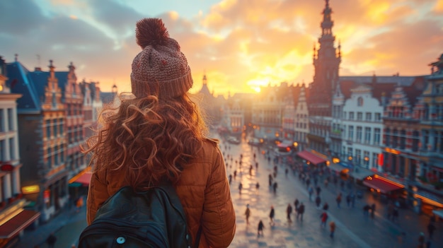 Young Woman Tourist Admiring Sunset Over European Market Square