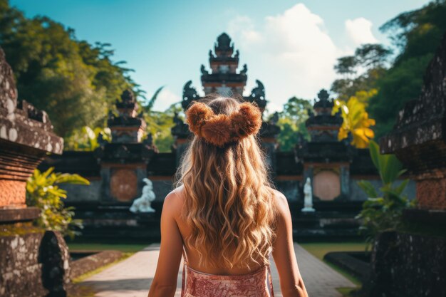 Photo young woman tourist in balinese temple bali island indonesia generative ai