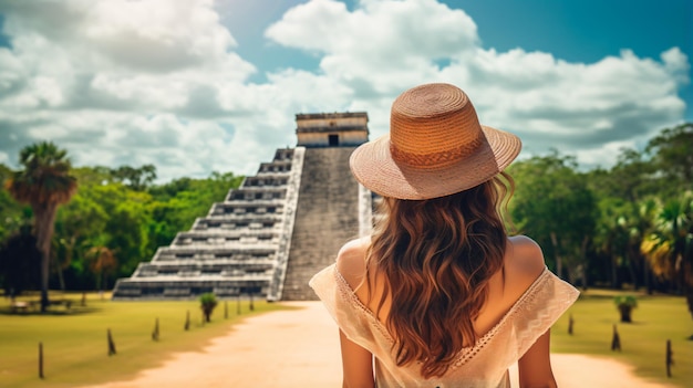 Foto un turista della giovane donna in un cappello sta