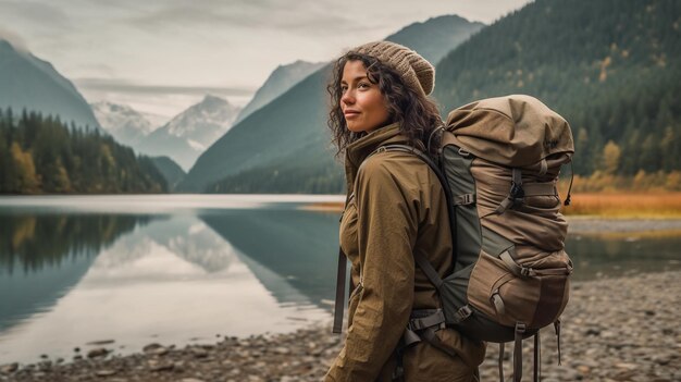 写真 バッグパックを持った若い女性観光客