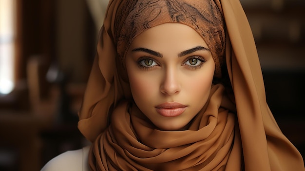 머리에 스카프를 두른 전통 아랍 옷을 입은 젊은 여성