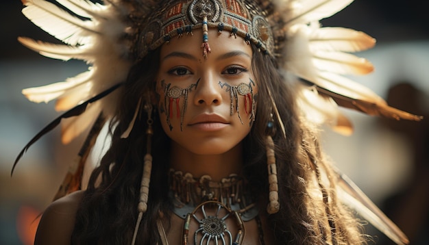 Young woman in traditional clothing looking at camera with elegance generated by artificial intelligence