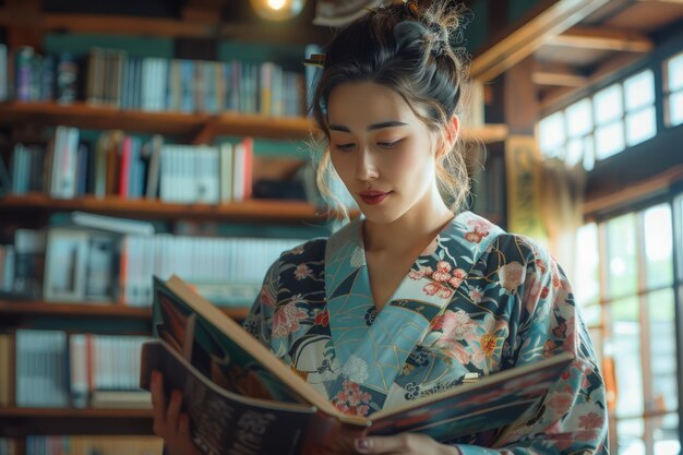 伝統的な日本のキモノを着た若い女性が静かな図書館の環境で本を読んでいる