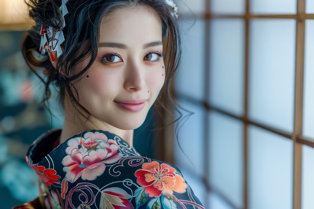 Young Woman in Traditional Japanese Kimono with Floral Design Smiling Gently by Shoji Screen