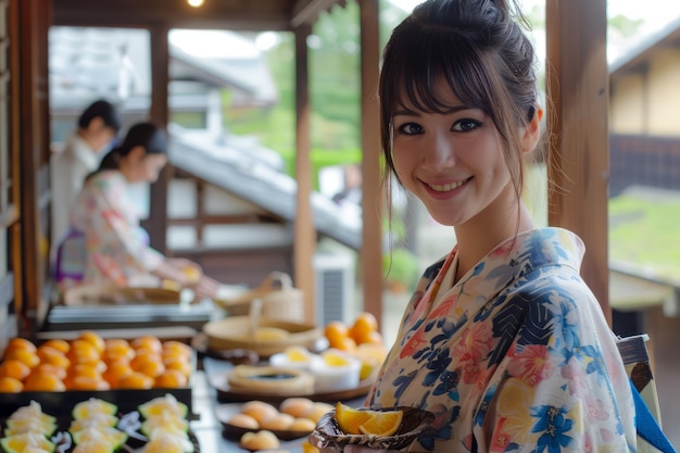 Молодая женщина в традиционном кимоно улыбается в камеру на фоне японского продовольственного киоска