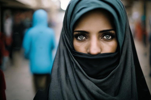 Young woman in traditional Muslim hijab portrait closeup with her face covered on a city street among a crowd of people colorful hijab headscarf Generative AI