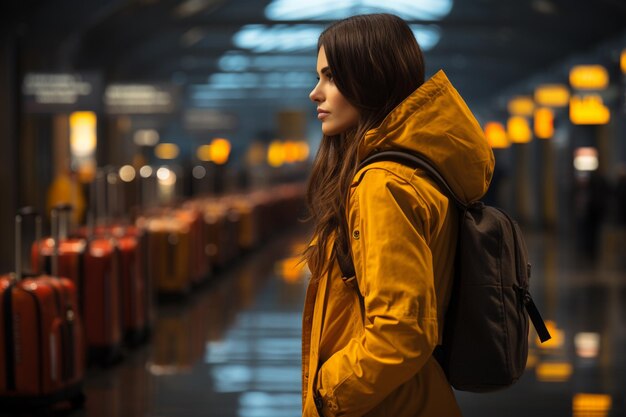 Photo young woman at train station looking at destination board travel and public transport generative ai