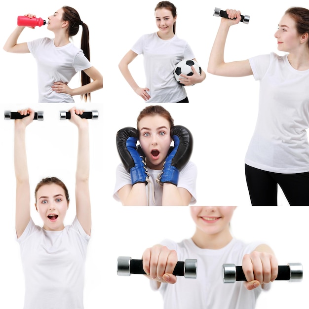 Young  woman training white background