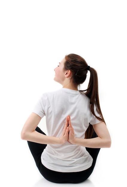 Young  woman training white background