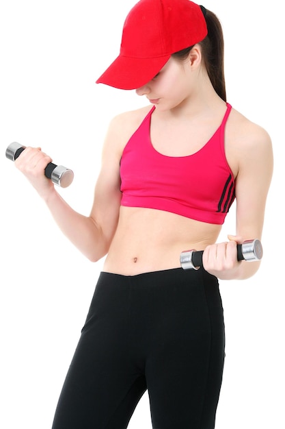 Young  woman training white background