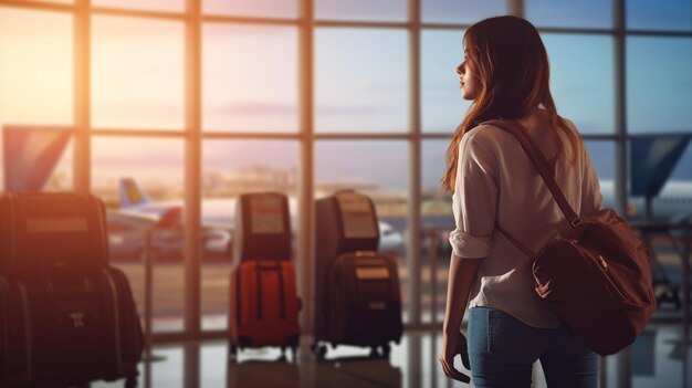 Photo young woman traveler at the airport with luggage