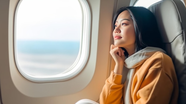 행복하고 편안하게 비행기 창문을 바라보는 젊은 여성 여행자
