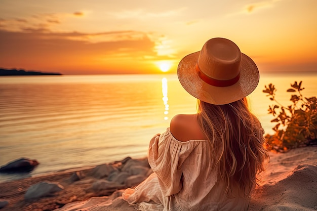 Young woman traveler peacefully enjoying a beautiful sunset on a serene beach during summer vacation