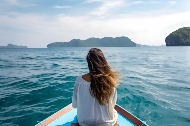 Young woman traveler relaxing on the boat Summer travel and vacation concept