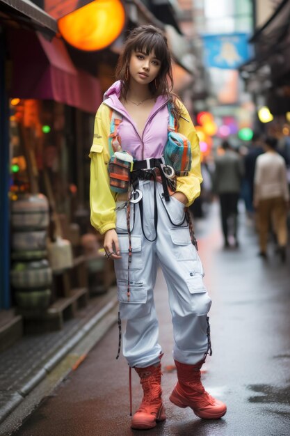 Foto una giovane viaggiatrice vaga per la strada takeshita a harajuku, il vivace centro della moda giovanile di tokyo