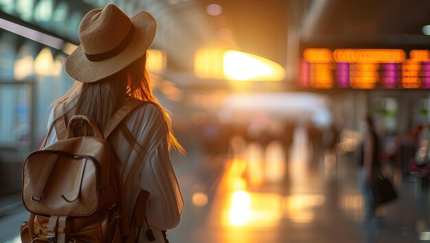 Young woman traveler with backpack and hat at the airport Travel concept