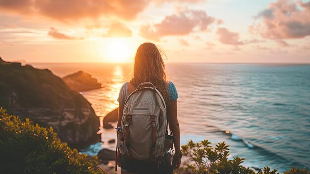 Foto giovane donna viaggiatrice con uno zaino che guarda il tramonto sopra l'oceano