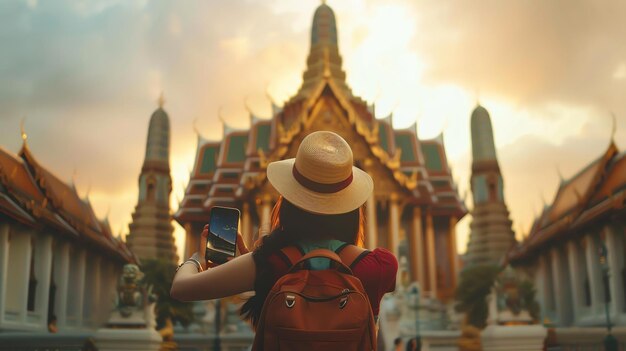 Young woman traveler with backpack standing in front of beautiful ancient temple in Thailand and taking photo with smartphone