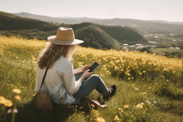 長いゆるい巻き毛を持つ若い女性旅行者が花のある緑の草の牧草地に座っています。