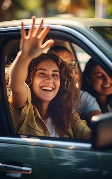 窓から手を振って友達と車で旅する若い女性