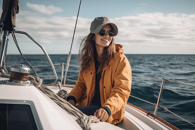 Young woman travels on a sailboat enjoying the freedom and adventure of the open sea Generative AI